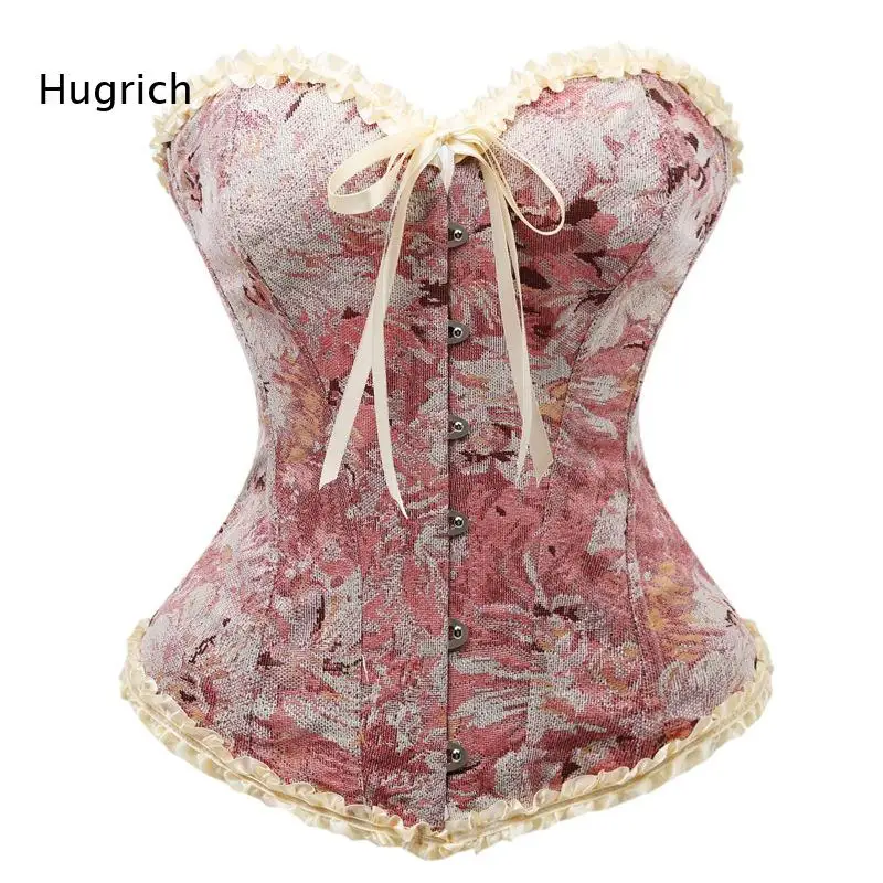 Women Vintage Floral Jacquard Strapless Corset Top Sweetheart Neck Lace Trim Bow Front Boned Bustier For Party Club Eveninangg