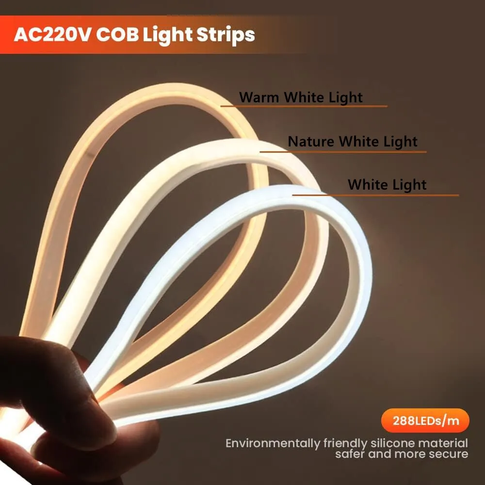 High Bright COB LED Strip Light 220V 1M-50M 288leds/M EU Plug CRI RA90 Christmas Outdoor Garden LED Light For Bedroom Kitchen