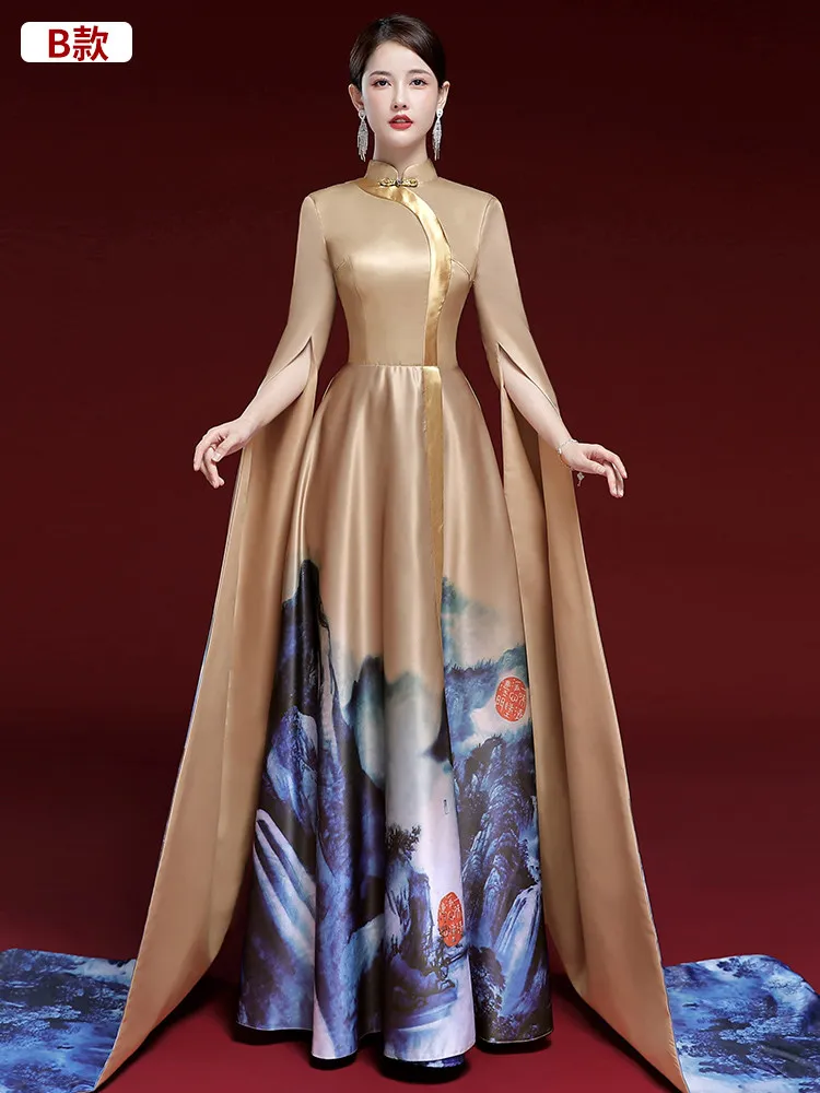Champagne Gold Blue Landscape Painting Chinese Style Dress Long Sleeved Cheongsam Dignified Hosting Dress For Dinner Party