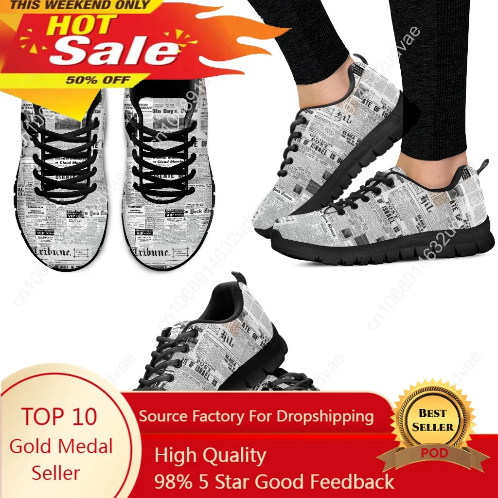 

Vintage Newspaper Printing Lace up Casual Sneaker for Women Fashion Light Walk Flat Shoe Breathable Mesh Footwear