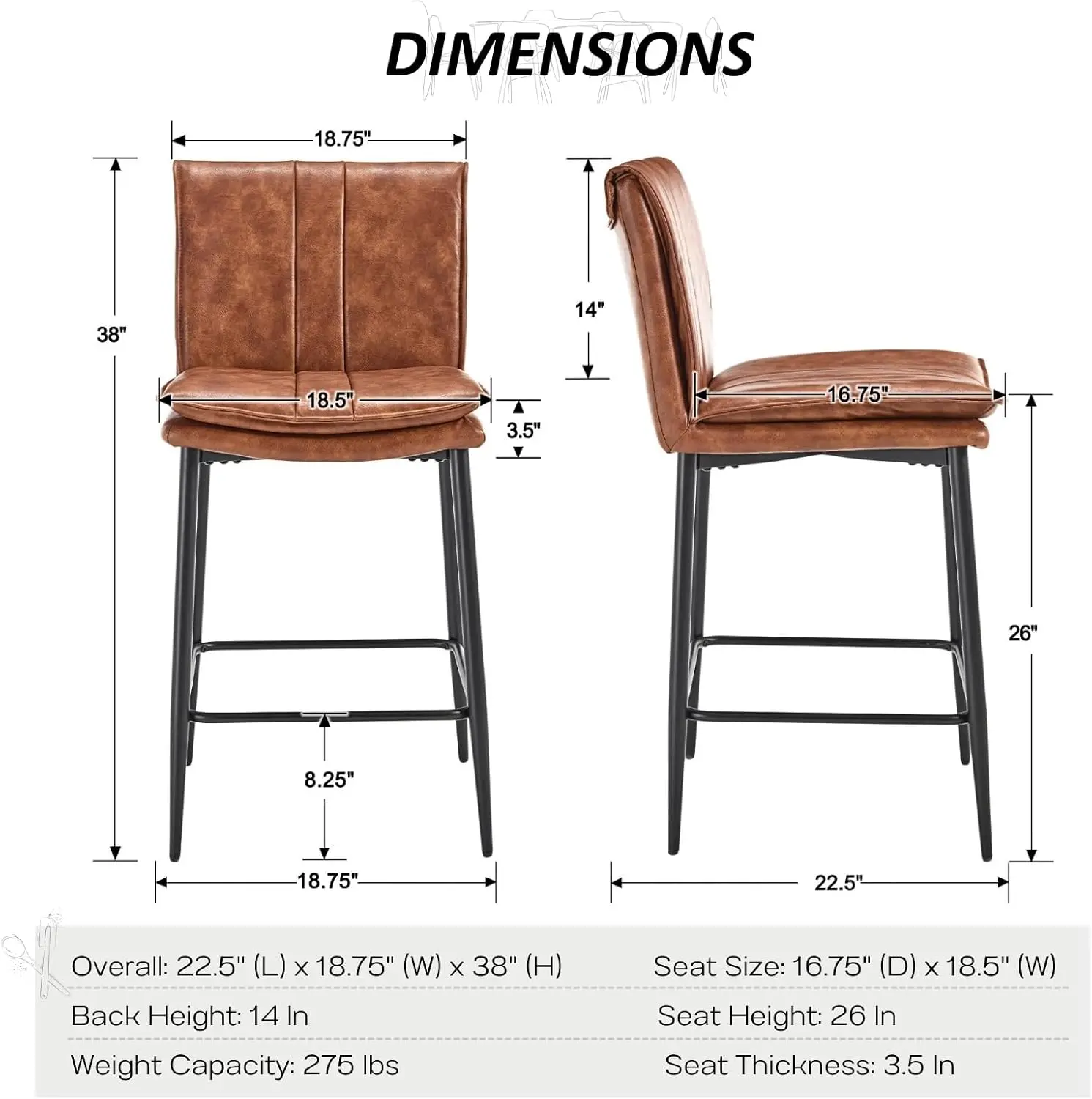 Heah-yo Taburetes de Bar modernos de Pu, juego de 6, 26 pulgadas, taburetes de mostrador de desayuno con respaldo, taburetes tapizados de cuero con Metal