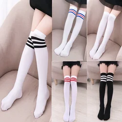 Calcetines altos hasta el muslo para niñas y mujeres, medias largas de algodón a rayas, por encima de la rodilla, color blanco y negro
