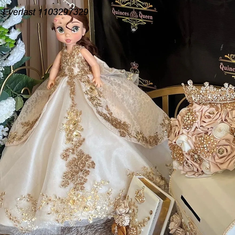 EVLAST Customized Gold Ivory Lace Quinceanera Dress Ball Gown Floral Applique Lace Corset Sweet 16 Vestidos De 15 Anos  TQD841