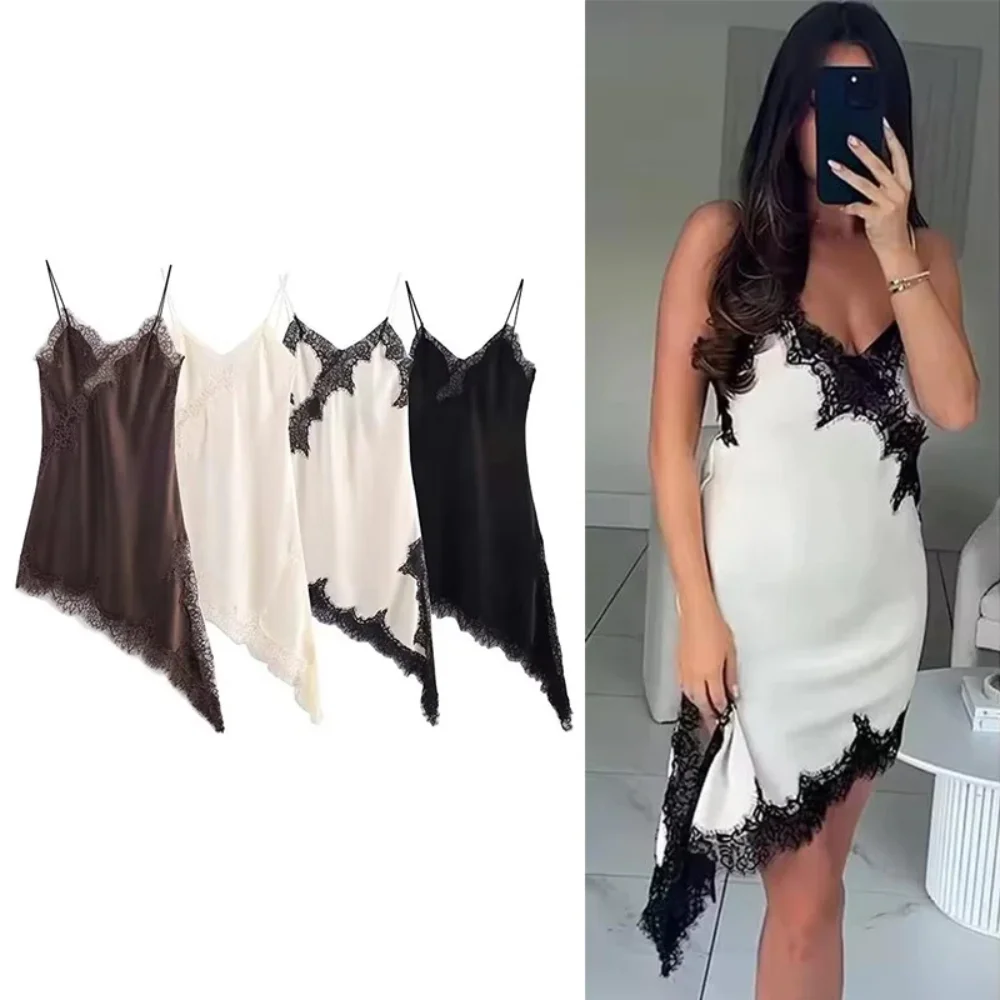 

2025 Summer New Fashion Holiday Party Beach Dresses Women Fashion Sexy V-Neck Lace Elegant Halter Dress Asymmetric Hem Dress