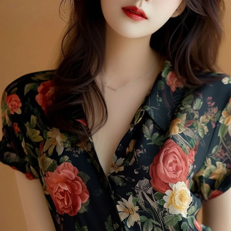 Summer New French Retro Hong Kong Style Rose Print Short Sleeved Shirt Trendy Temperament Casual Unique Comfortable Women\'s Top