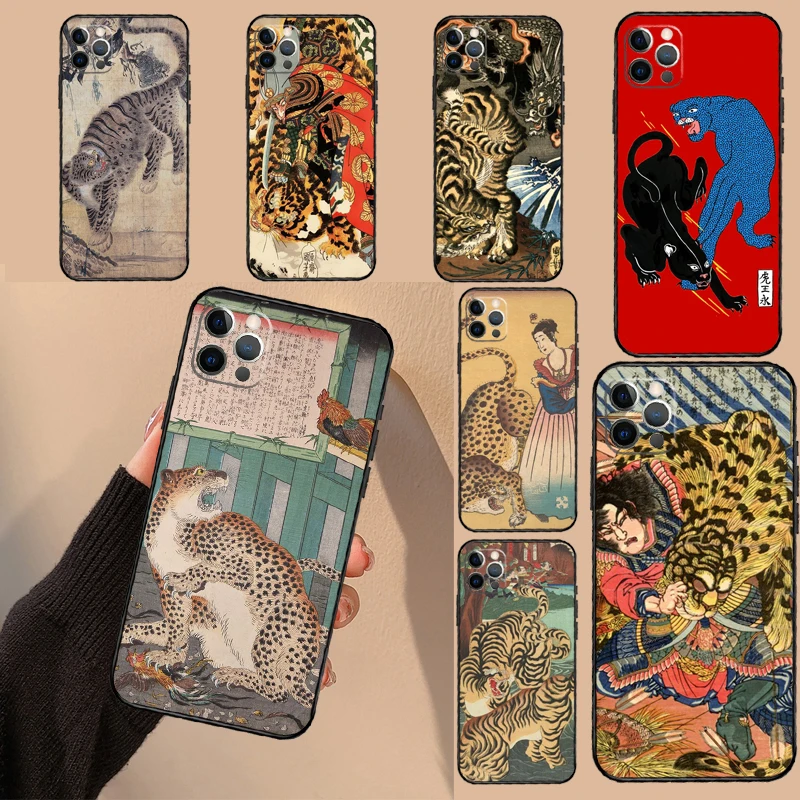 Japanese ukiyo-e Art Panther Tiger Phone Case For iPhone 15 14 16 Pro Max 13 12 Mini 11 16 Pro Max XS X XR Plus Cover