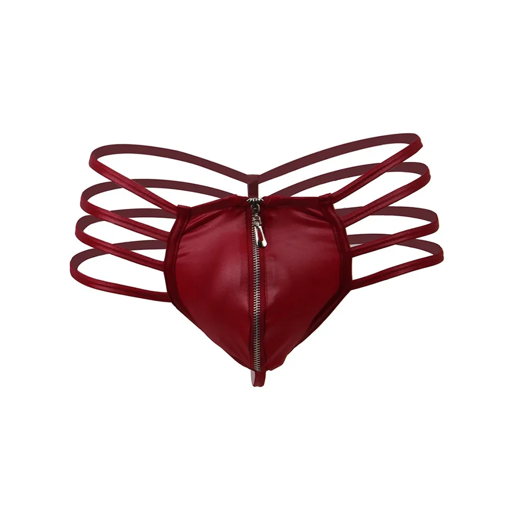 

Erotic S-3XL Sexy Men PU Thongs Gay Underwear Men Bandage Leather Backless Crotch Panties Lingerie Front Zipper U Bulge Shorts
