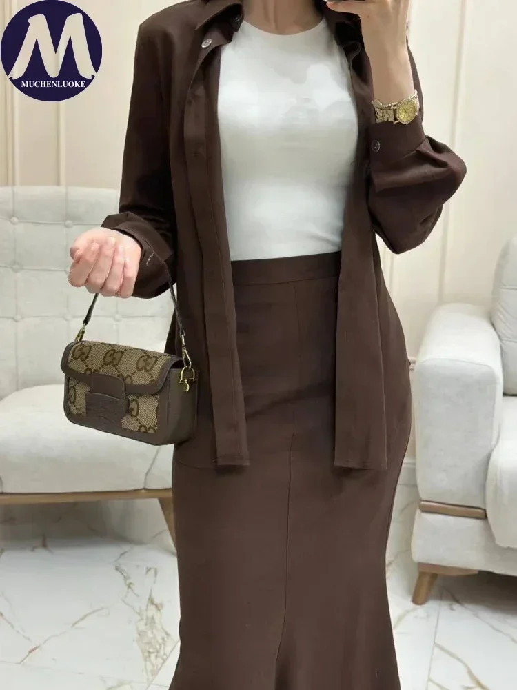 Women's Long Sleeve Lapel Collar Shirt Suits Fashionable Slim Fit Office Long Skirt Set Casual Spring Summer New 2 Pcs