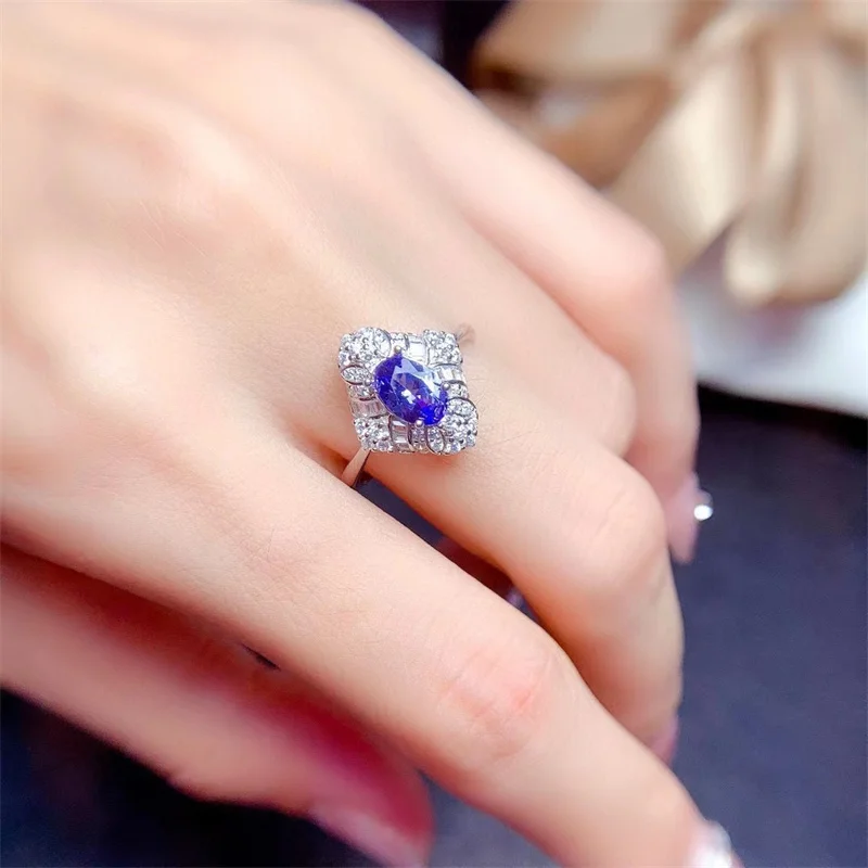 แหวนแต่งงาน Tanzanite สีเงิน925สำหรับสุภาพสตรีอัญมณีแท้พร้อมใบรับรอง