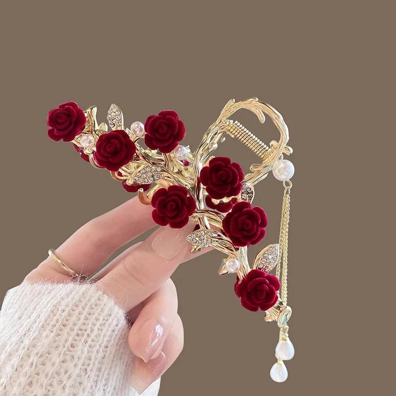 1 Pcs Fashion Plucked Rose Rhinestone Pearl Tassel Hair Claws For Women Girls Party Hair Accessories