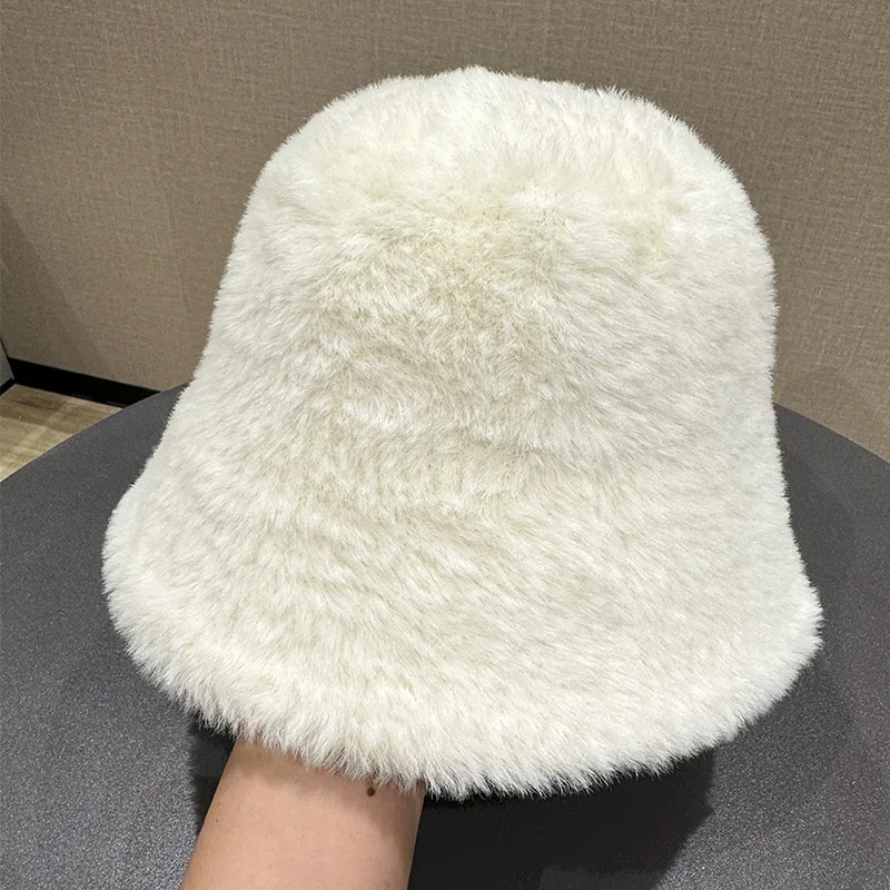 Popular Autumn Winter Faux Fur Bucket Hat For Women Warm White Solid Soft Vintage Wide Brim Fisherman Cap Lady Best Matched Hat