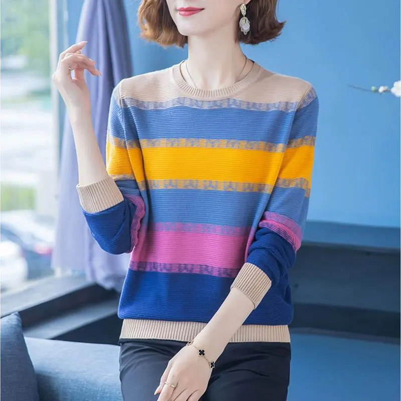 Women\'s Clothing Color Striped Knitted Sweaters Casual Long Sleeve Autumn Winter Round Neck Stylish Spliced Hollow Out Jumpers