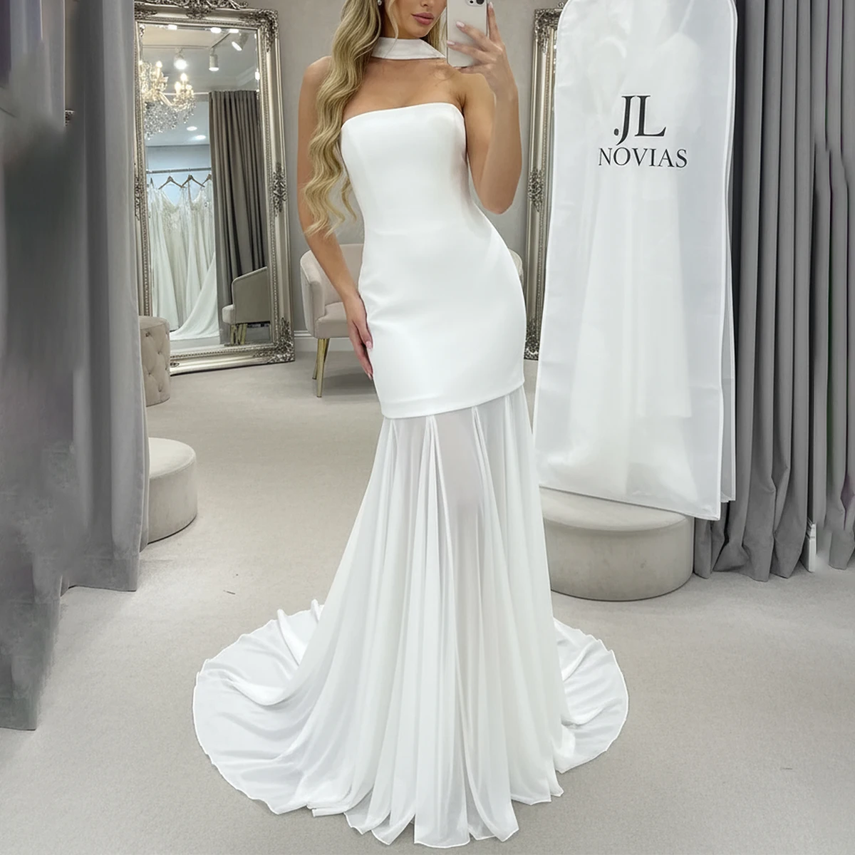 

Romantic Strapless Sheath Wedding Dresses With Scarf Mermaid Long Chiffon Bridal Party Gown For Women Vestidos Novia