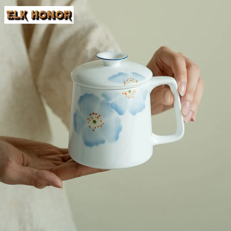

380ml Hand-painted Blue Shadow Begonia Filter Tea Separator Cup Zen Tea Mug With Infuser Household Tea Soaking Office Water Cup