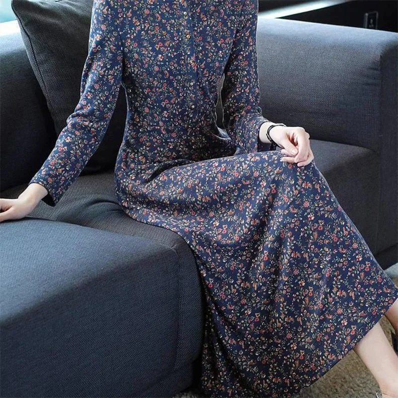 Fashionable Side Pockets Long Sleeved Dress for Women Spring Autumn New Ice Silk High Collar Loose Printing Button Long Dresses