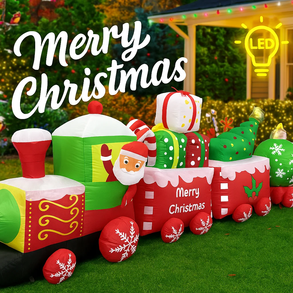 11.81FT Giant Christmas Inflatable Santa Train Toy With LED Lights Home Decoration Supplies Ornament Xmas Yard Party Lawn Decor