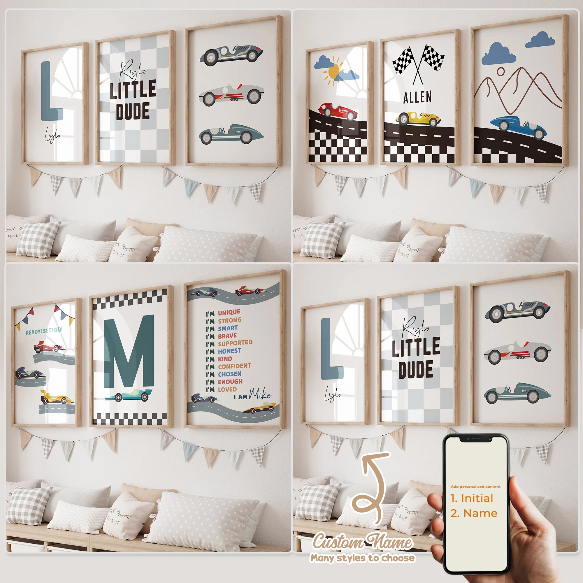 3 stücke Personalisierte Benutzerdefinierte Name Cartoon Racing Auto Wand Kunstdruck Bild Leinwand Poster Malerei Für Wohnzimmer Kind Zimmer Hause decor