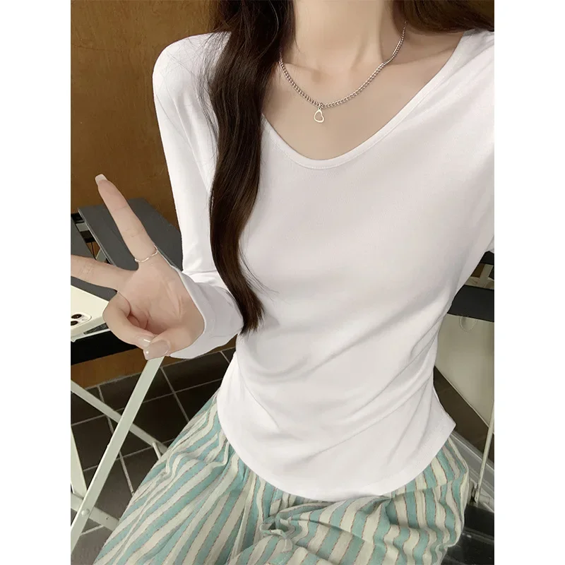 U Collar Exposed Clavicle Long Sleeve T-shirt Women's Early Autumn Folded Waist Short Style Pure Desire Bottom Shirt Small Top