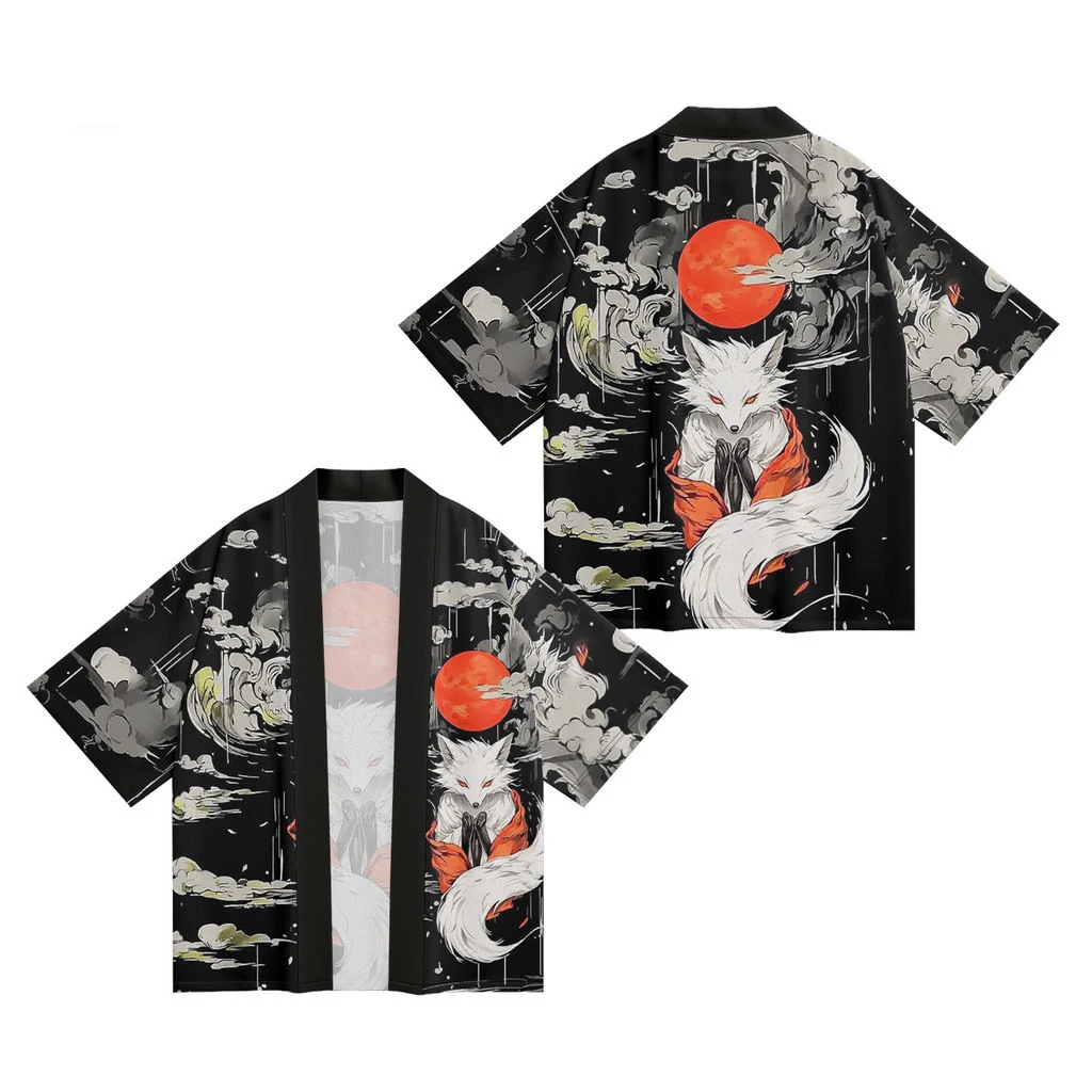 سترة كيمونو يابانية ملابس تقليدية صيفية عصرية سترة زهر الكرز قناع ثعلب مطبوع قماش ناعم ومريح #3