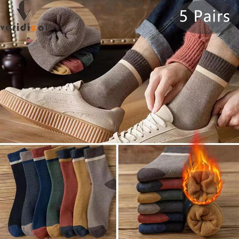 

5 Pairs Cotton Mans Short Terry Socks Winter Striped Solid Soft Business Towel Thermal Warm Party Dress Long Happy Socks Sokken