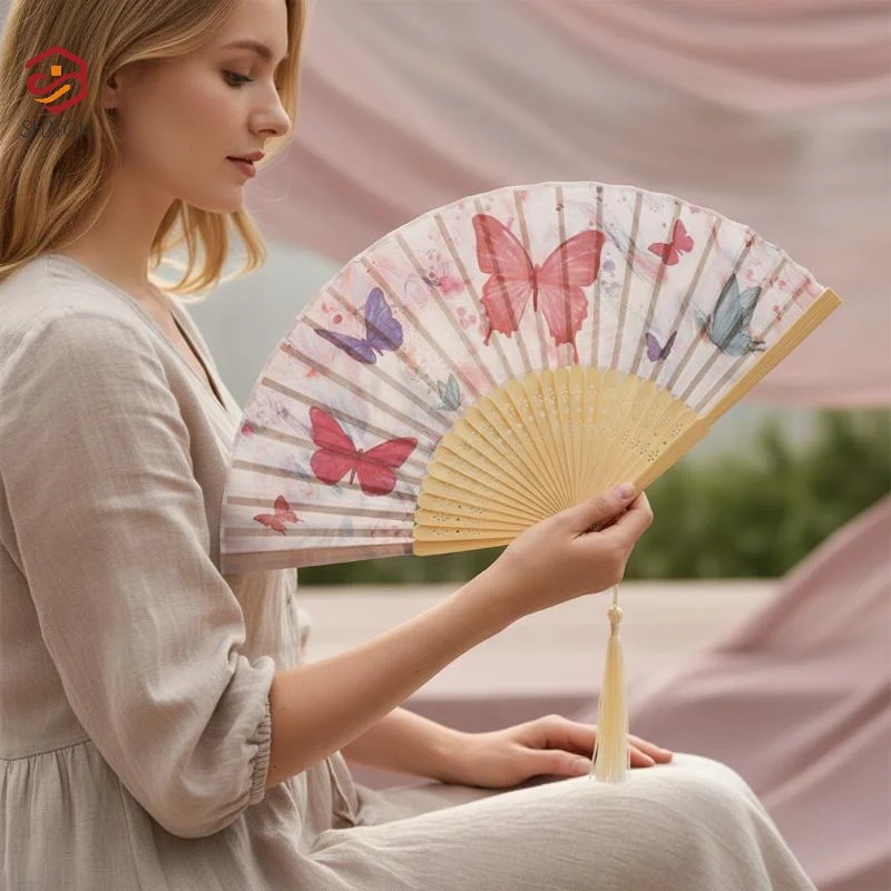 1Pcs Chinese Style Butterfly Floral Folding Fan Hand Held Fan Tassel Wedding Dance Summer Decor