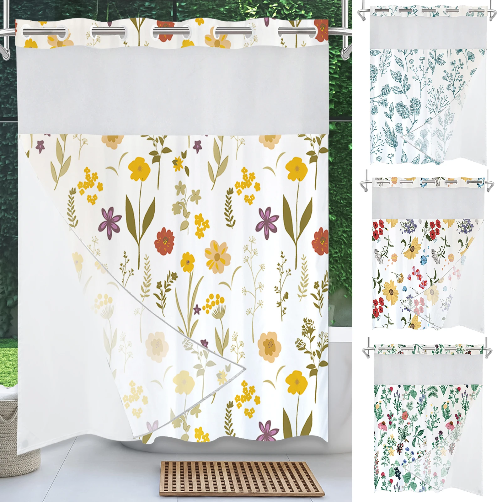 Hook Free Shower Curtain Waterproof Bathroom Curtains with Snap In Liner Decorative Floral Bath Curtains Washable Shower Curtain