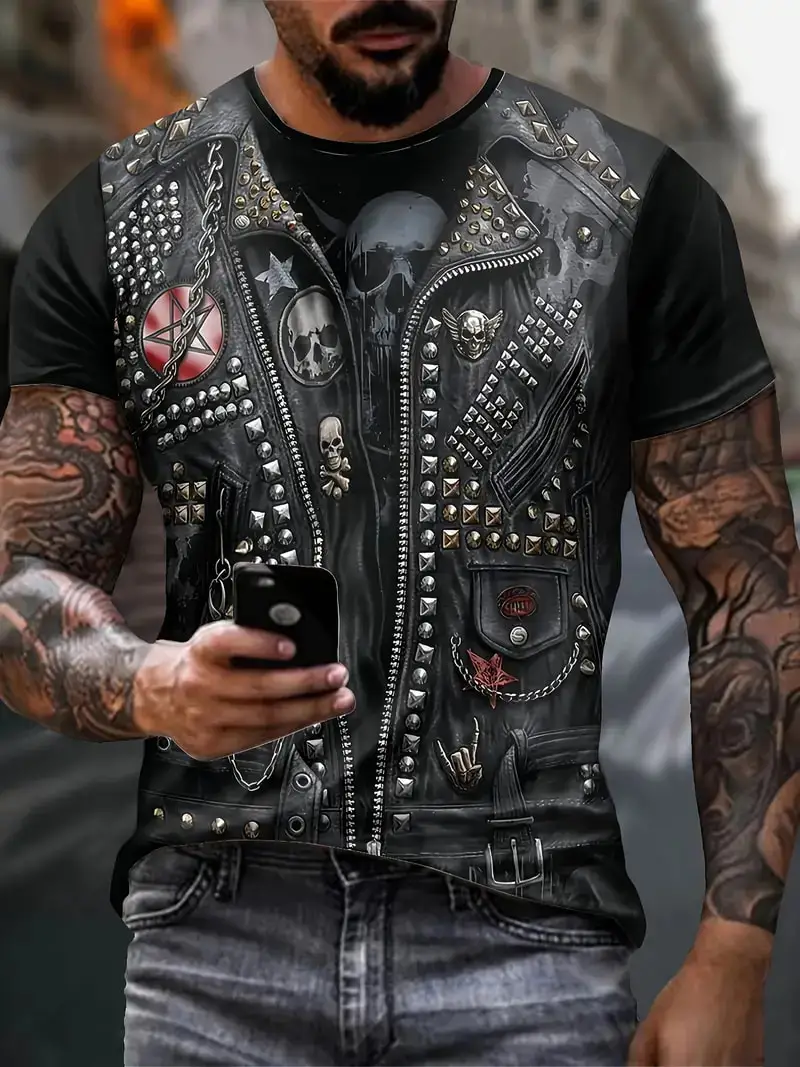 2025 New Motorcycle Jackets Graphic T-Shirt Men's Vintage 3D Print Short Sleeve Crew Neck Tee Top Oversized Street Trend T Shirt