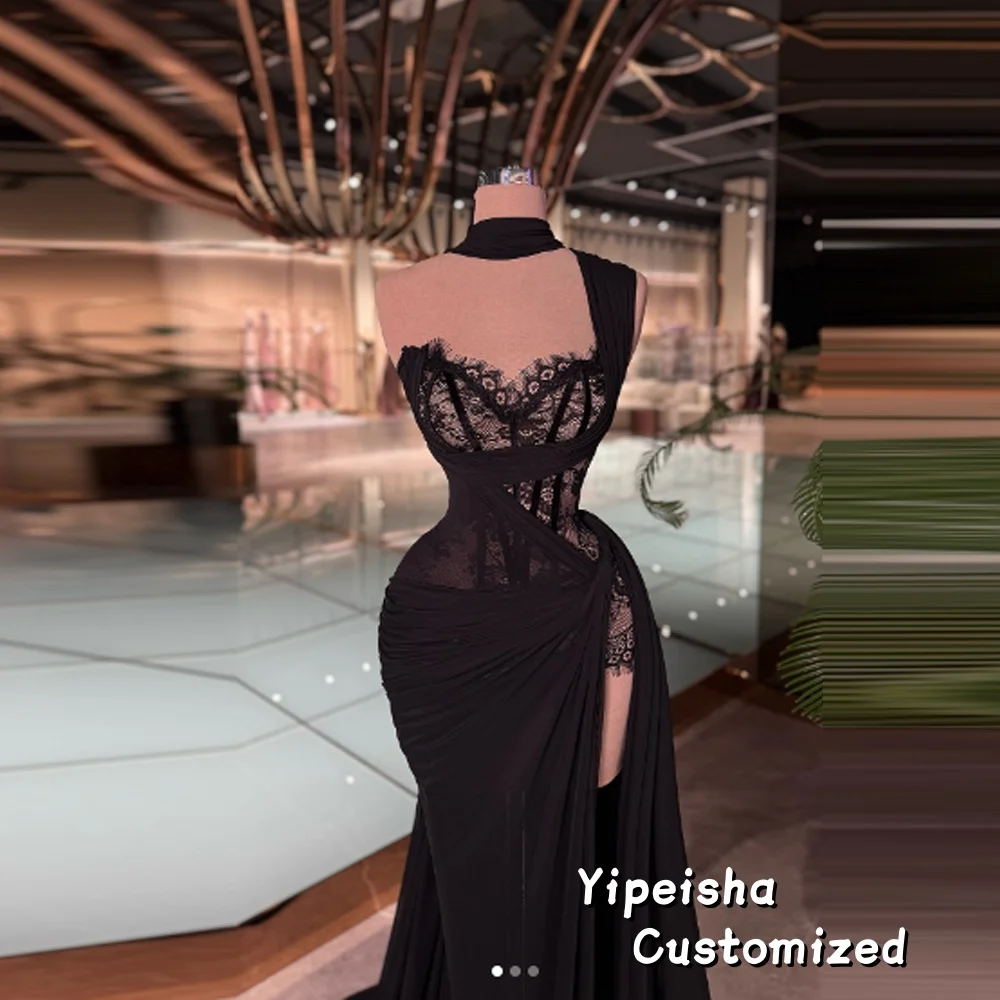 

Customized Black One Shoulder Evening Gown Women Lace High Waist Slit Party Long Dress Elegant Sleeveless Retro Dress Female