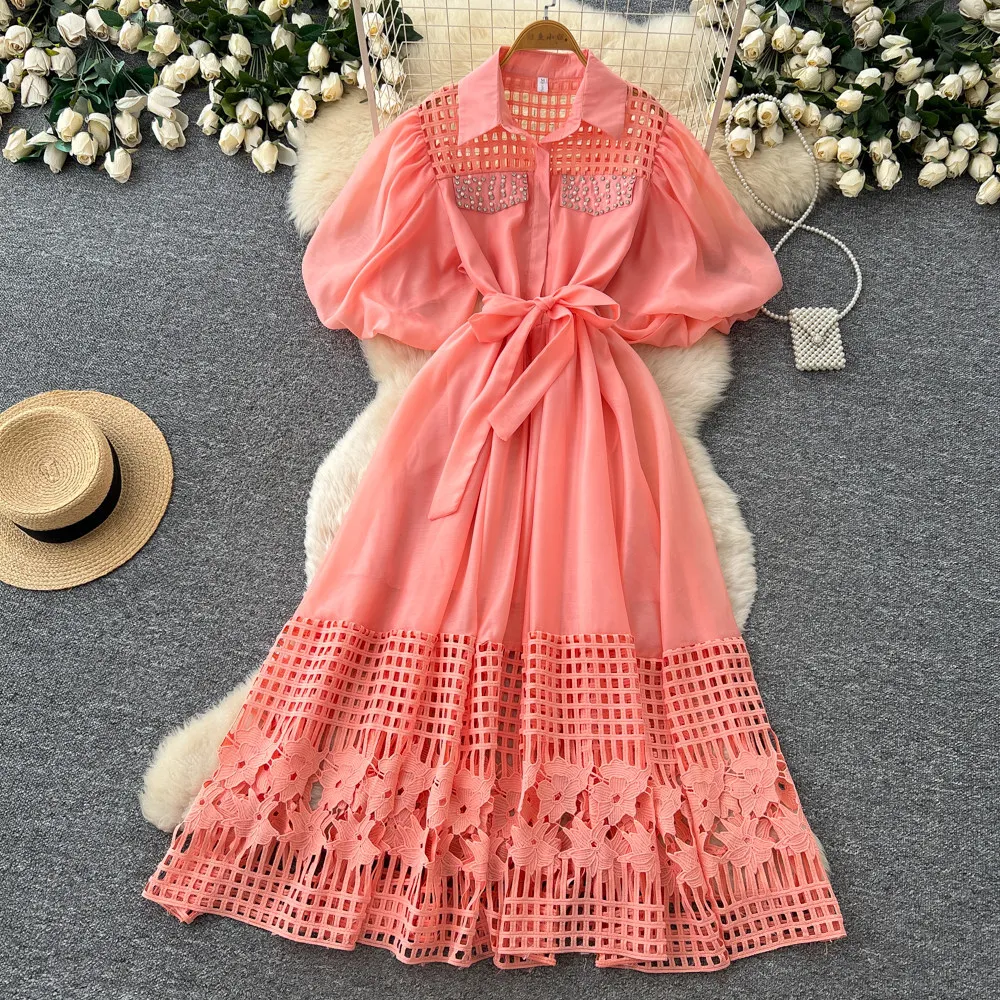 

Long Dress Women Dresses A Line Vestidos Y2k Streetwear Short Sleeve Tight Waist Hollow Out Elegant Lace Up Party Night Work