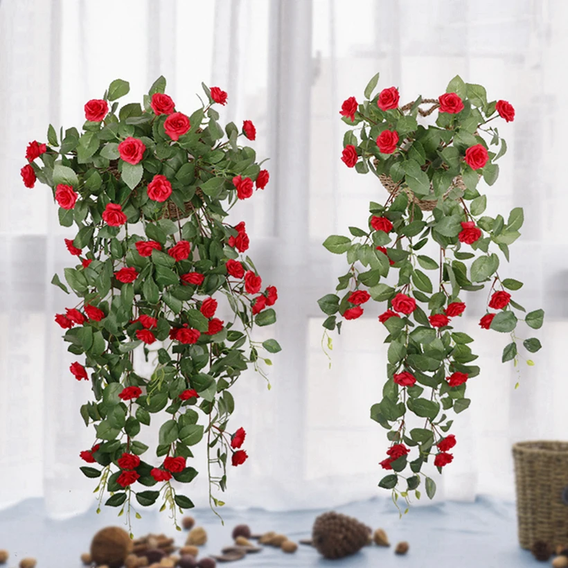 Artificial Flowers Basket Wall Rose Pink Vine Christmas Decoration Home Silk Leaf Rattan for Wedding Scenery Garden Fence Autumn