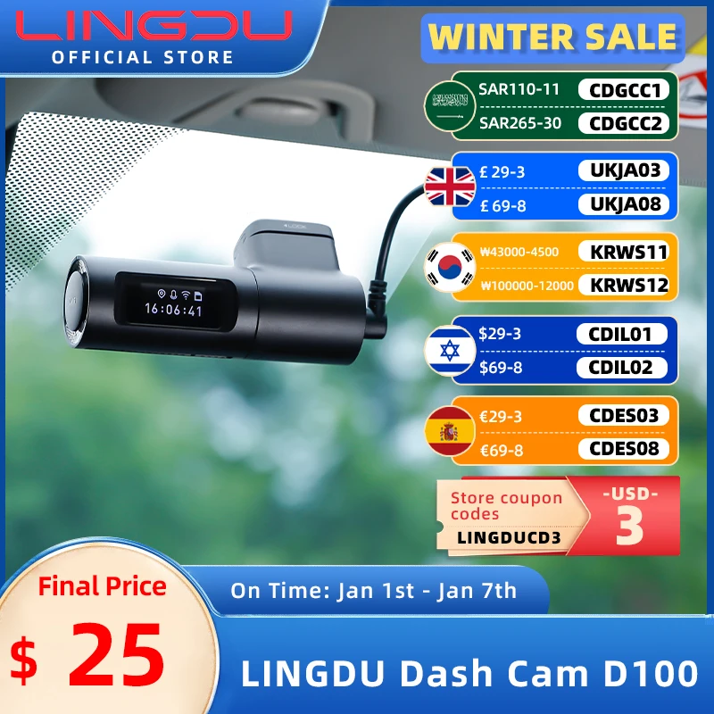 LINGDU 2.5K Dash Cam D100 Car DVR Built-in GPS WIFI 0.96'' Screen Car Camera Smart APP Voice Control Parking Mode Video Recorder