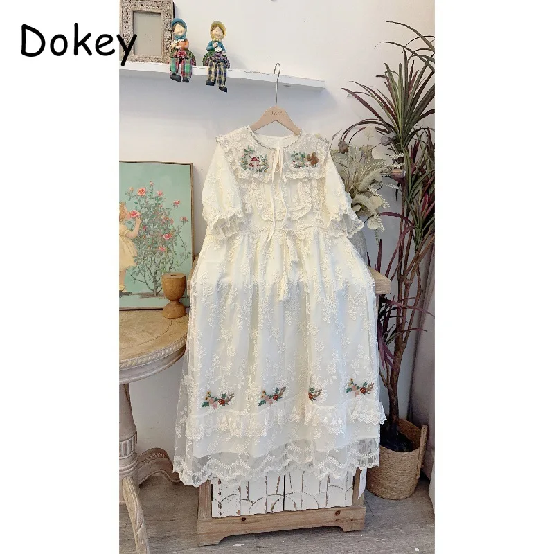 Vintage Embroidery White Lace Dress Women Mori Girl Peter Pan Collar Kawaii Dress Japan Style Short Sleeve Loose Midi Vestidos