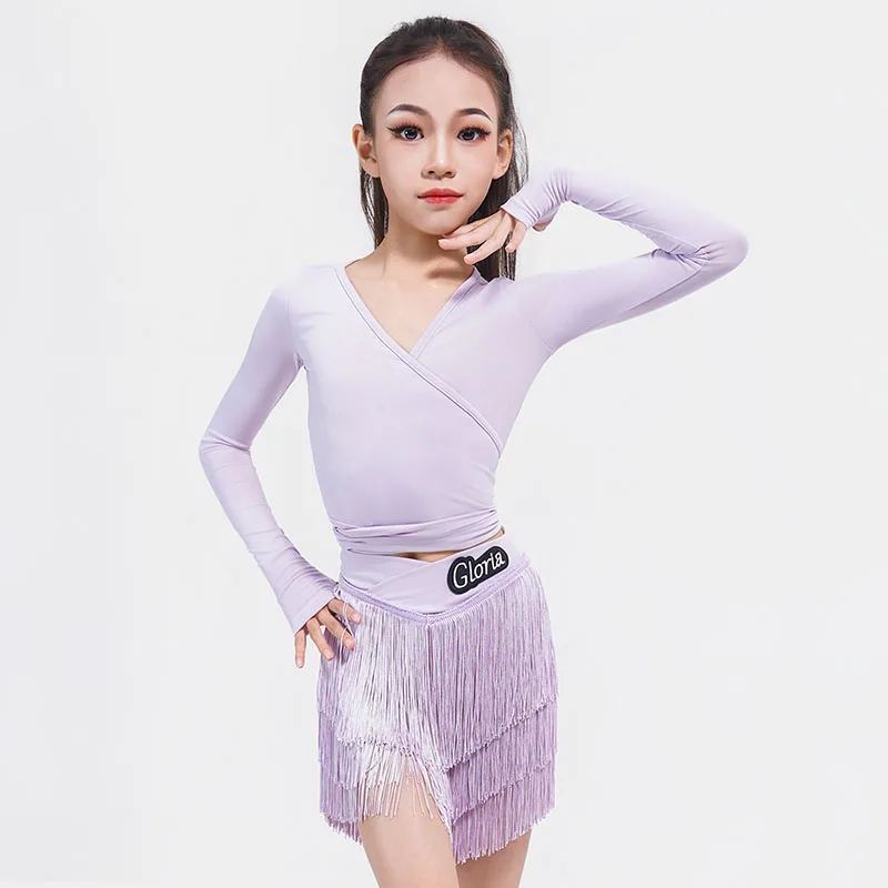 

Latin Dance Clothes For Girl Long Sleeve Purple Dance Top Fringe Skirt Set Children Dancer Training Clothes Practice Suit 5181