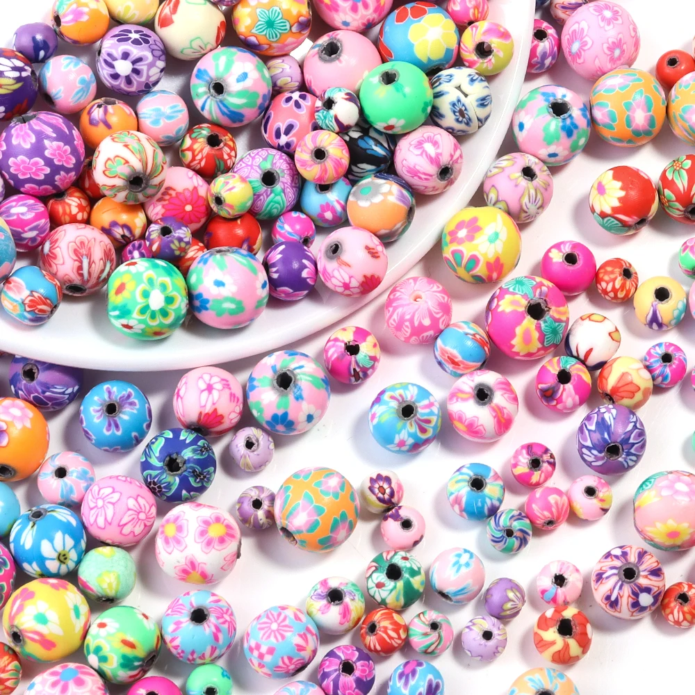 50pcs Mixed Color Flower Pattern Polymer Clay Beads Round Loose Spacer Beads For DIY Jewelry Making DIY Keychains Bracelets