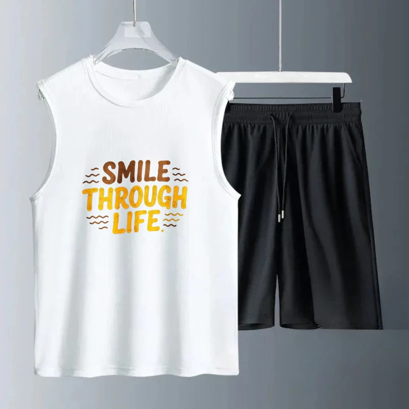 

Men's Tank top Set Fashion Polyester Summe Short Sleeve+Shorts training suit set summer clothing Breathable Men's sweatshirt set