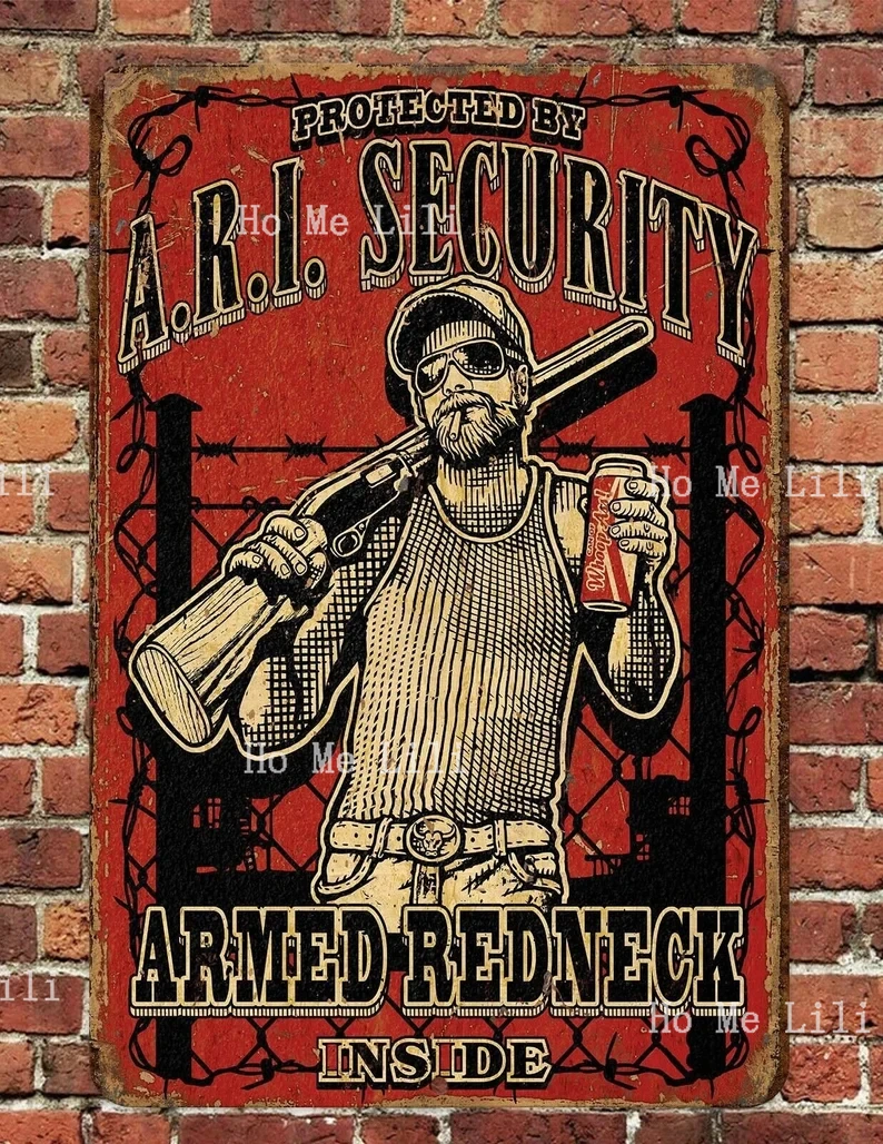 Protected By Armed Redneck Sign Metal Plaque Retro Man Cave Home Wall Decor