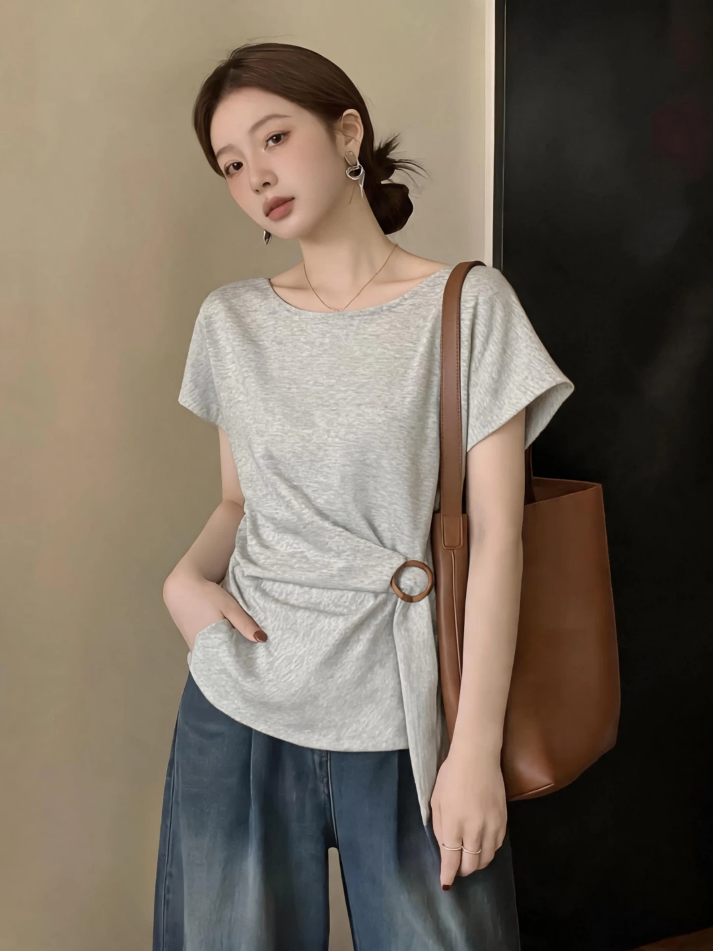 Slimming Short Sleeve T-Shirt Women's Summer New Style plus Size Fat MM Waist Cinching Belly Covering Top Korean Style Commute