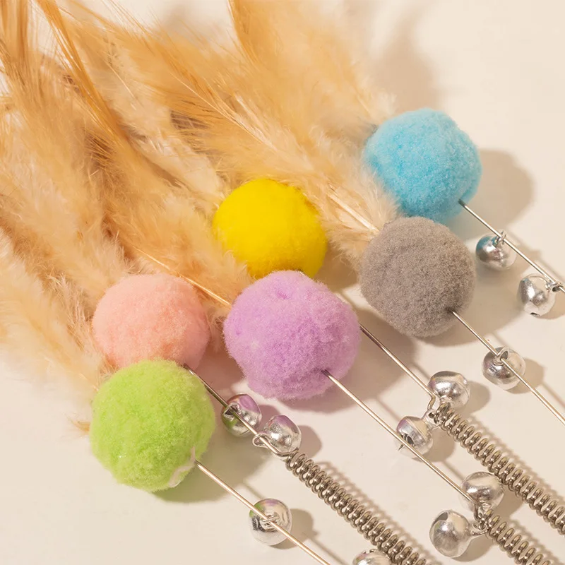 Cat Toys Feather Cat Stick Bite Resistant Steel Wire Spring Feather Interactive Cats Toy with Bell Wool Ball Kitten Toy Sticks