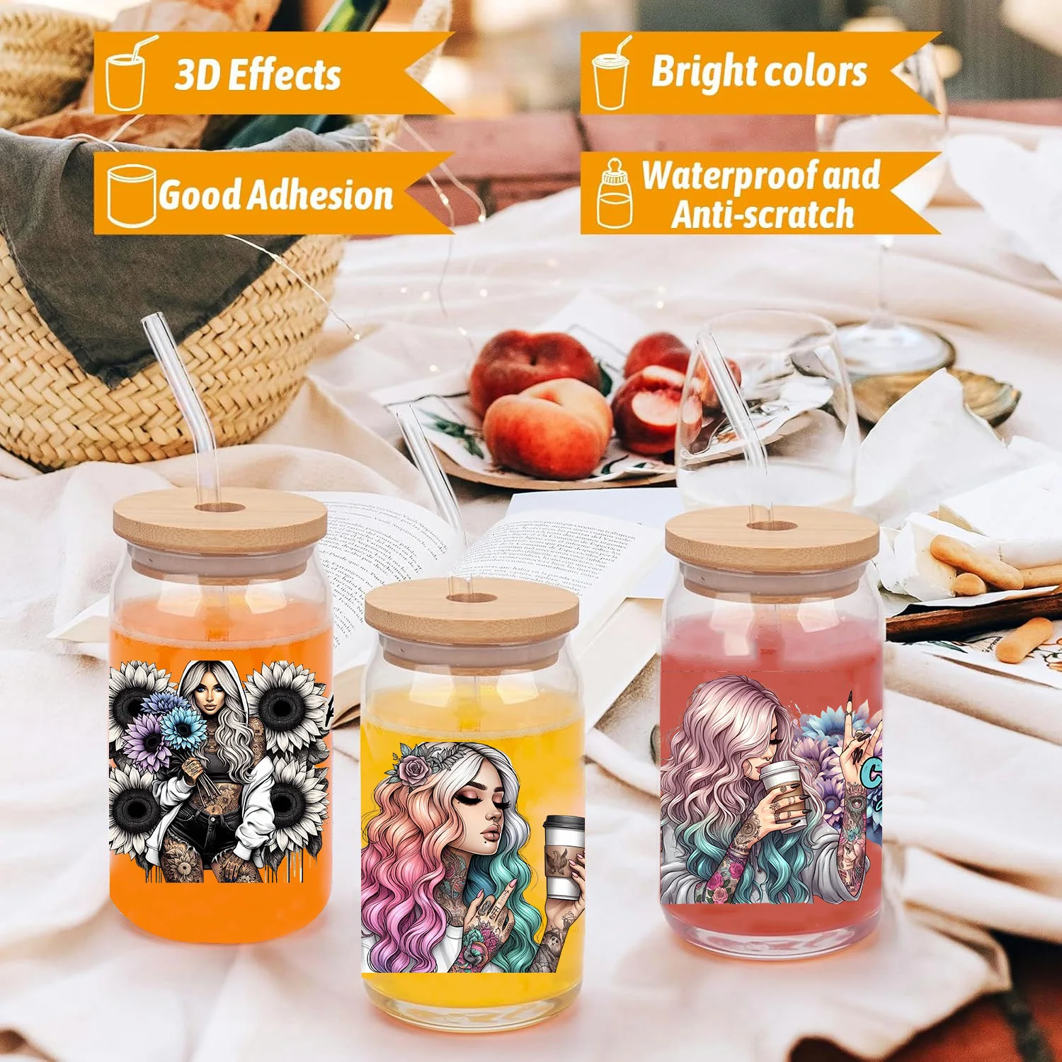 Fashion tattoo girl peel waterproof DIY Decals 3D transfers uvdtf crystal stickers 16oz uv dtf cup wraps for Libbey Glasses