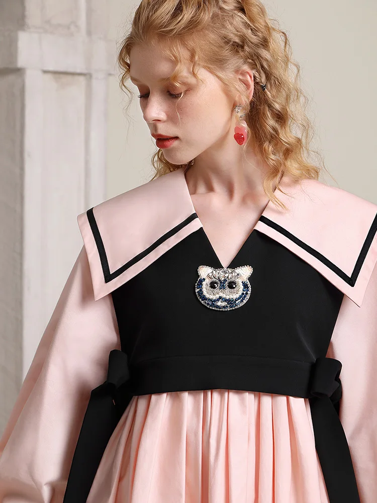 College Style Early Spring Dress Female Beaded Sweet Contrast Color Sailor Collar Fake Two Pieces Girl's Dresses Women Dress