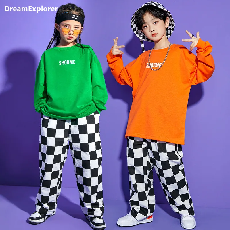 

Boys Street Dance Plaid Pant Sweatshirt Girls Hip Hop Top Sweatpants Streetwear Clothes Sets Kids Jazz Outfits Child Costumes