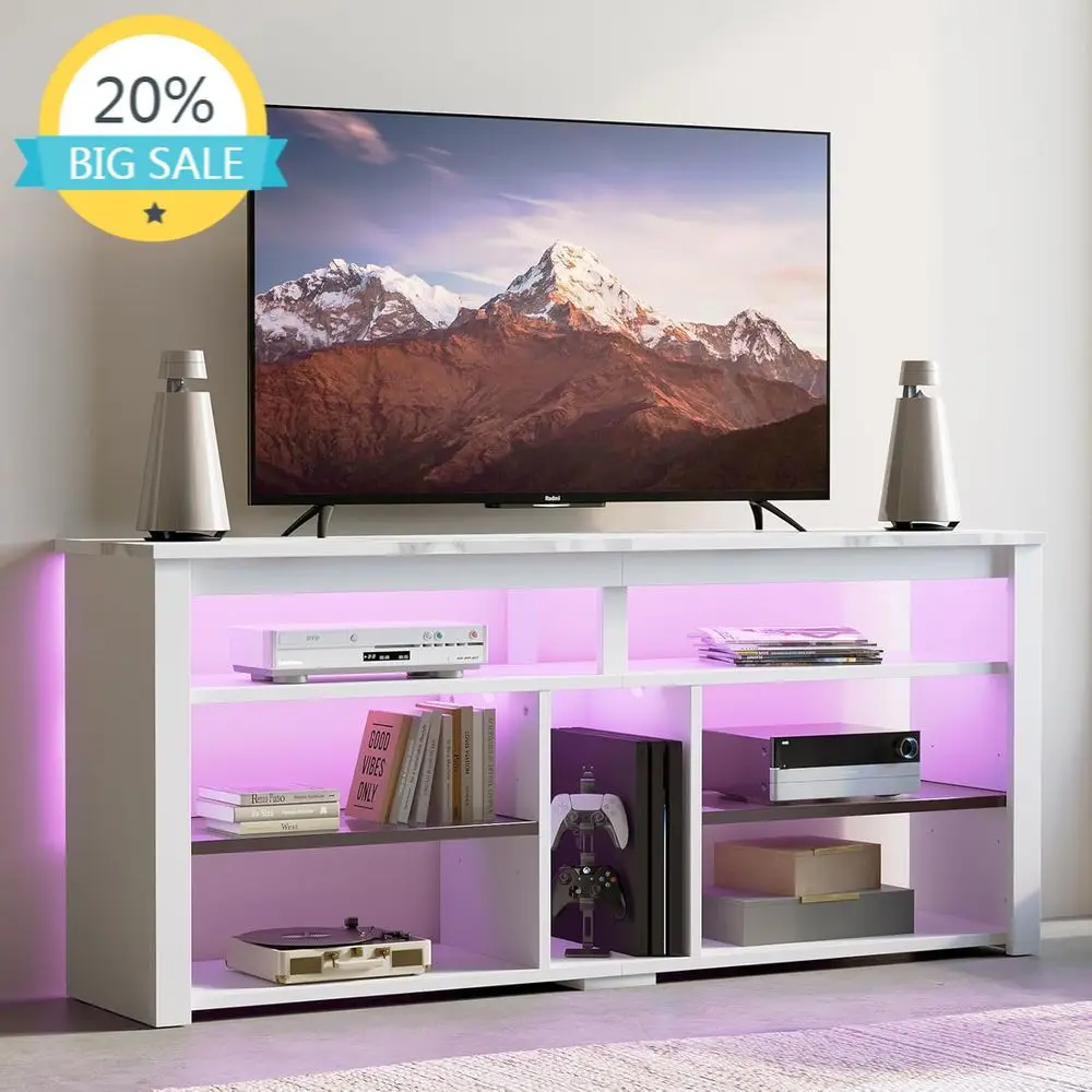 Modern TV Stand for 55-65 Inch TVs with Storage, White Marble Style Living Room Furniture