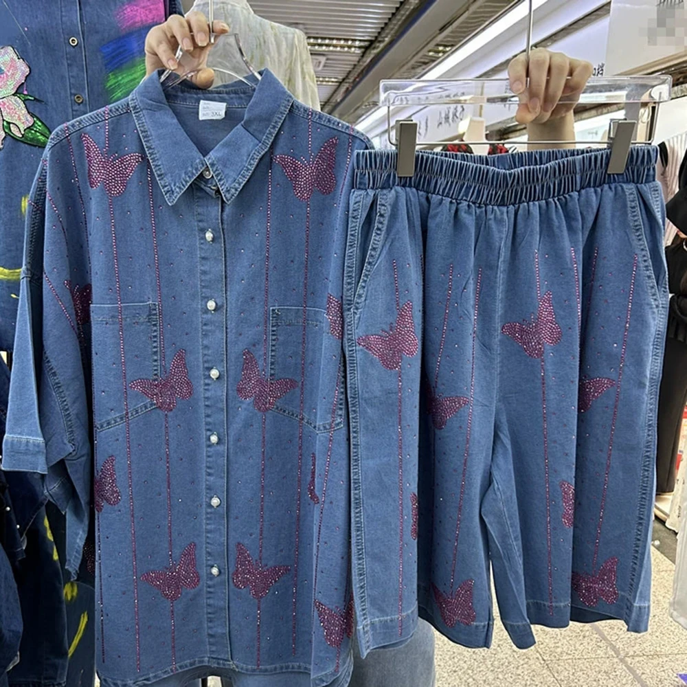 

Heavy-duty hot diamond bow shirt top + elastic waist denim shorts two-piece set-GZTZ097