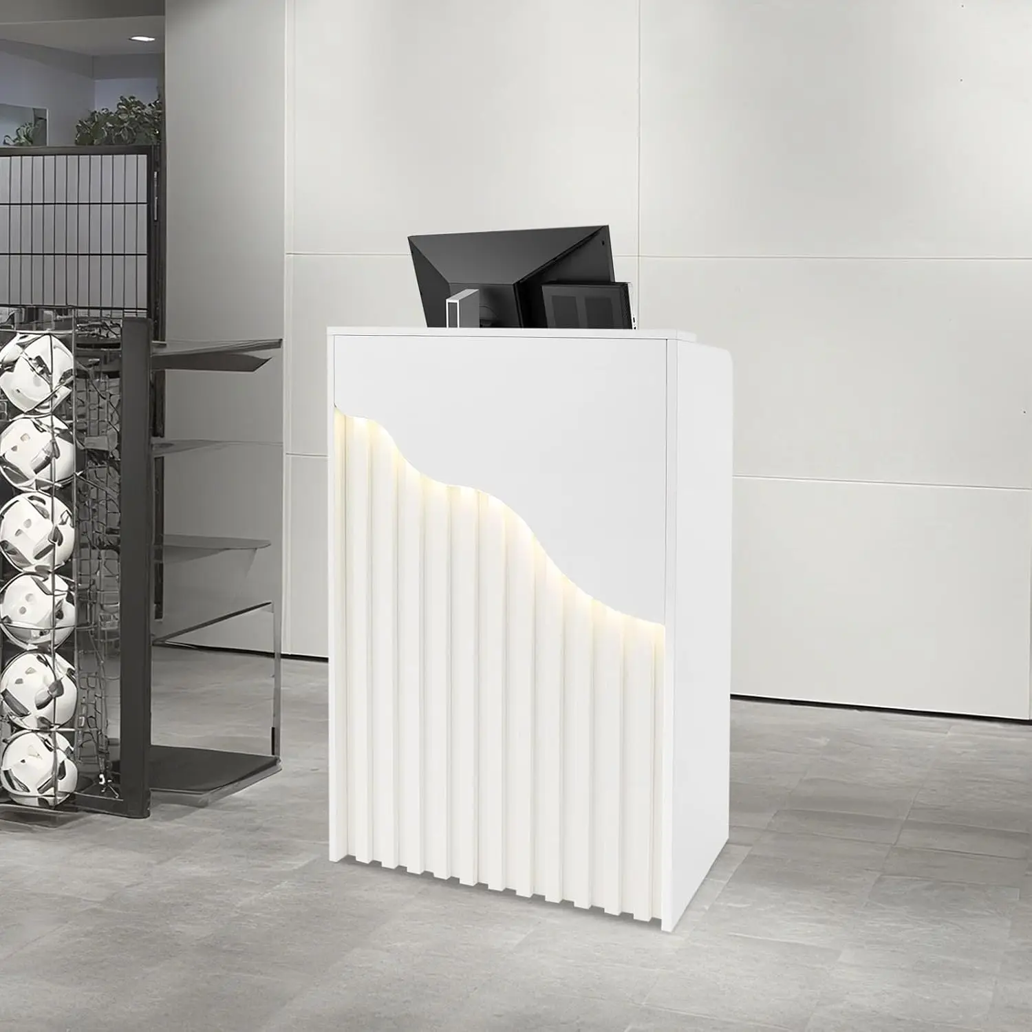 Small Reception Desk with Counter LED Light, Small Reception Desk with Lockable Drawer for Offices, Restaurants, and Hotels 23.6