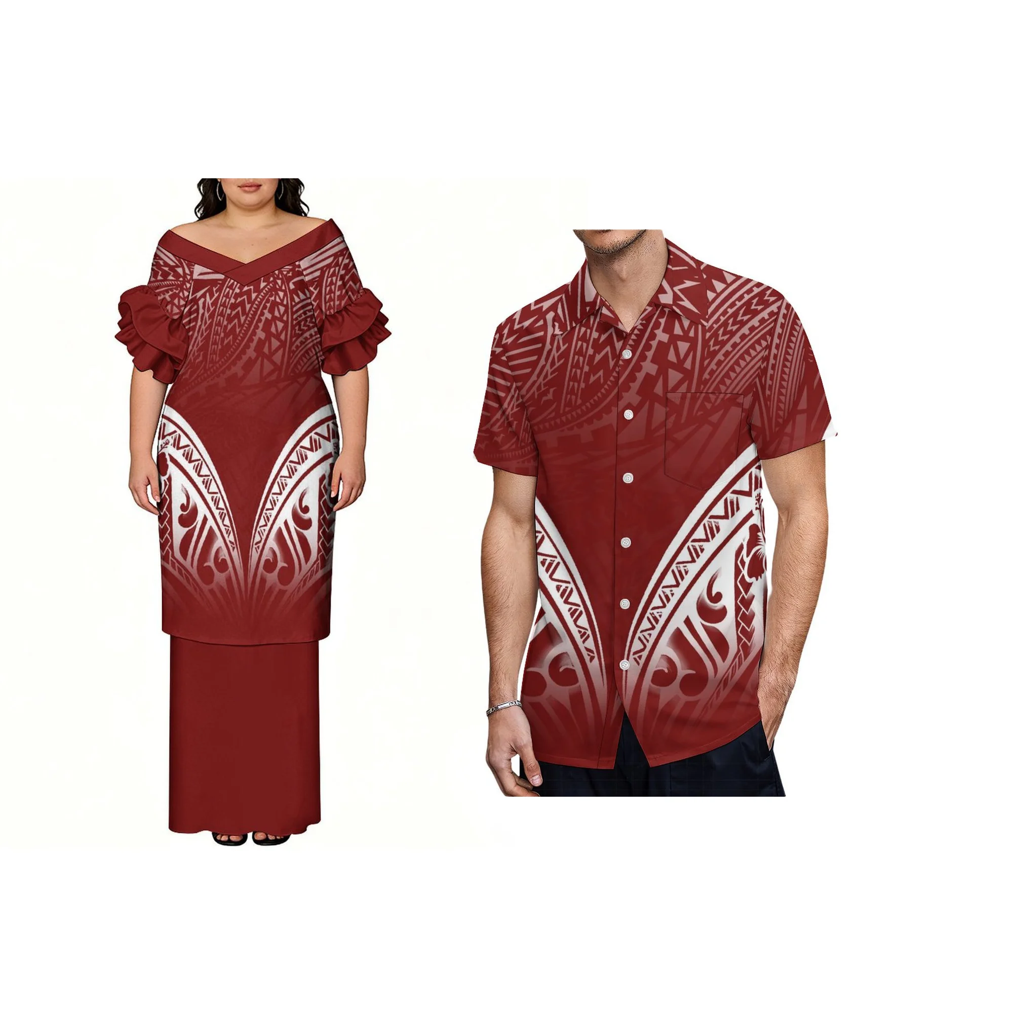 Hot Custom Plus Size Teal Lime Abstract Tribal Print Off Shoulder Ruffle Top Solid Band Long Skirt Women Two Piece Puletasi Set view 4