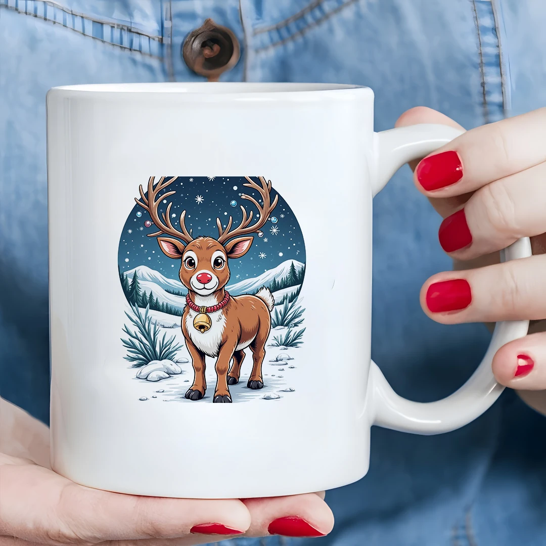 

11oz Mug + Christmas Reindeer Illustration + Kids Cold & Hot Drink Cup - Christmas Gift for Family & Office