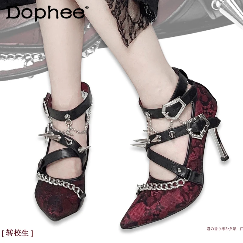 

Original Fashion Elegant Ladies Pointed Metal Stilettos Punk Style Y2k Rivet Shoes High Heels Women's Lace Leather Mary Janes