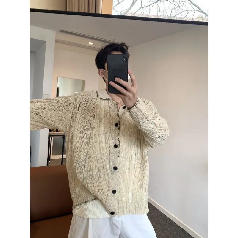 Japanese Lazy Style Knitted Cardigan Sweater for Men's Spring Turn-down Collar Long Sleeve Hollow Simple Coat Loose Casual Tops