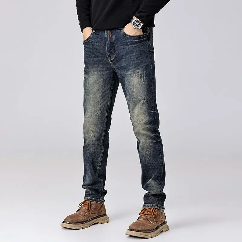 

American Retro Autumn New Style Washed Scratched Ripped Jeans Men's Slim Fit Micro Taper Trendy Handsome Patch Beggar Pants