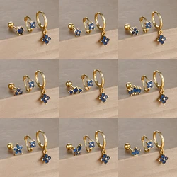 3PCS Dainty Flower Stainless Steel Blue Four Zircons Small Hoop Earrings Set For Women Tragus Helix Cartilage Piercing Jewelry